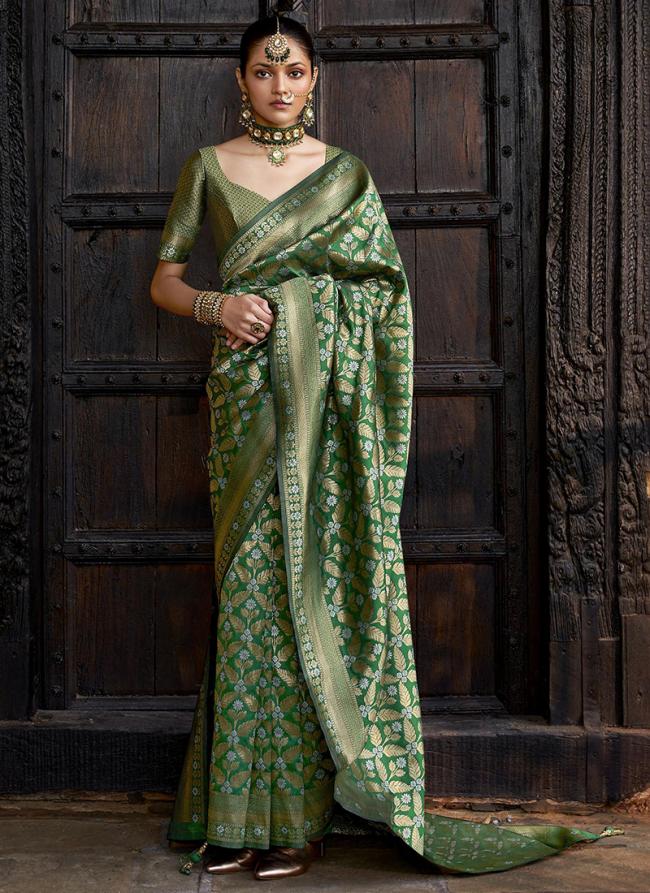 Banarasi Silk Green Festival Wear Jaal Work Saree